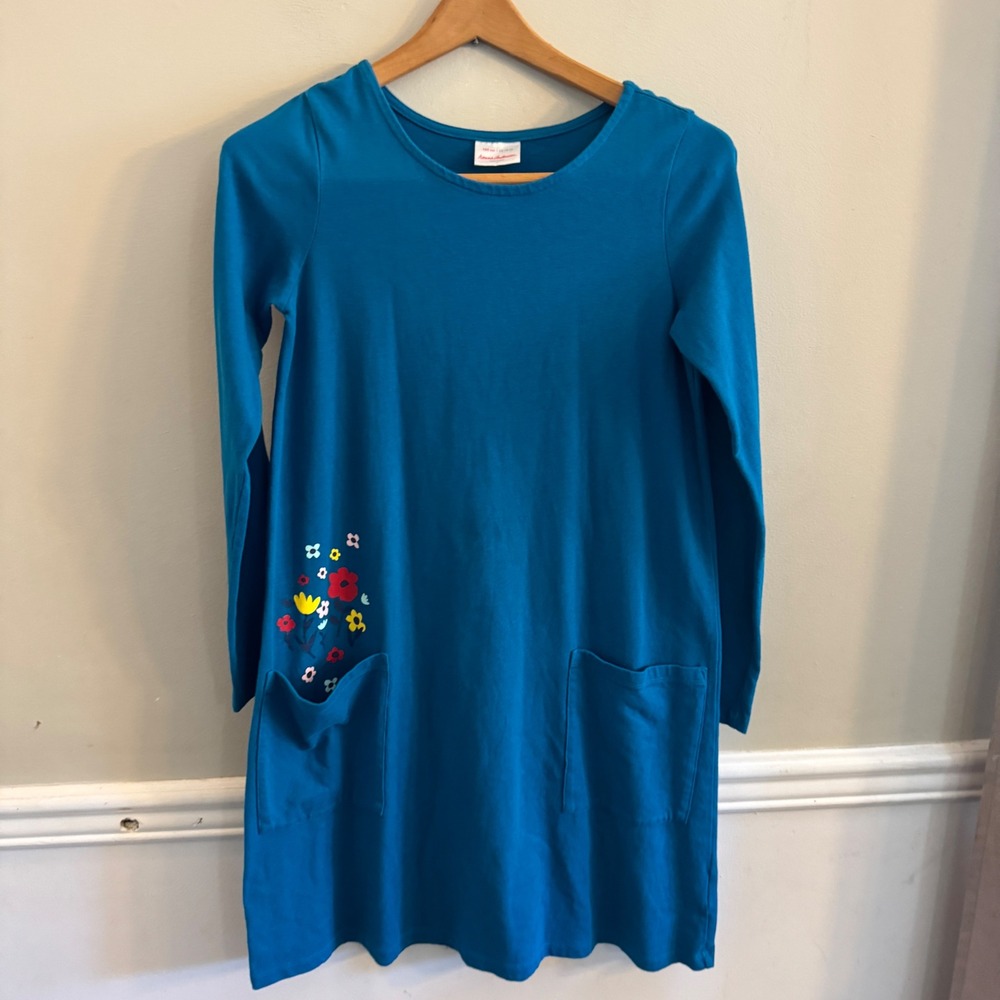 Hanna Andersson Girls Teal Blue Long Sleeve Floral Pocket Dress Size 14-16 160cm